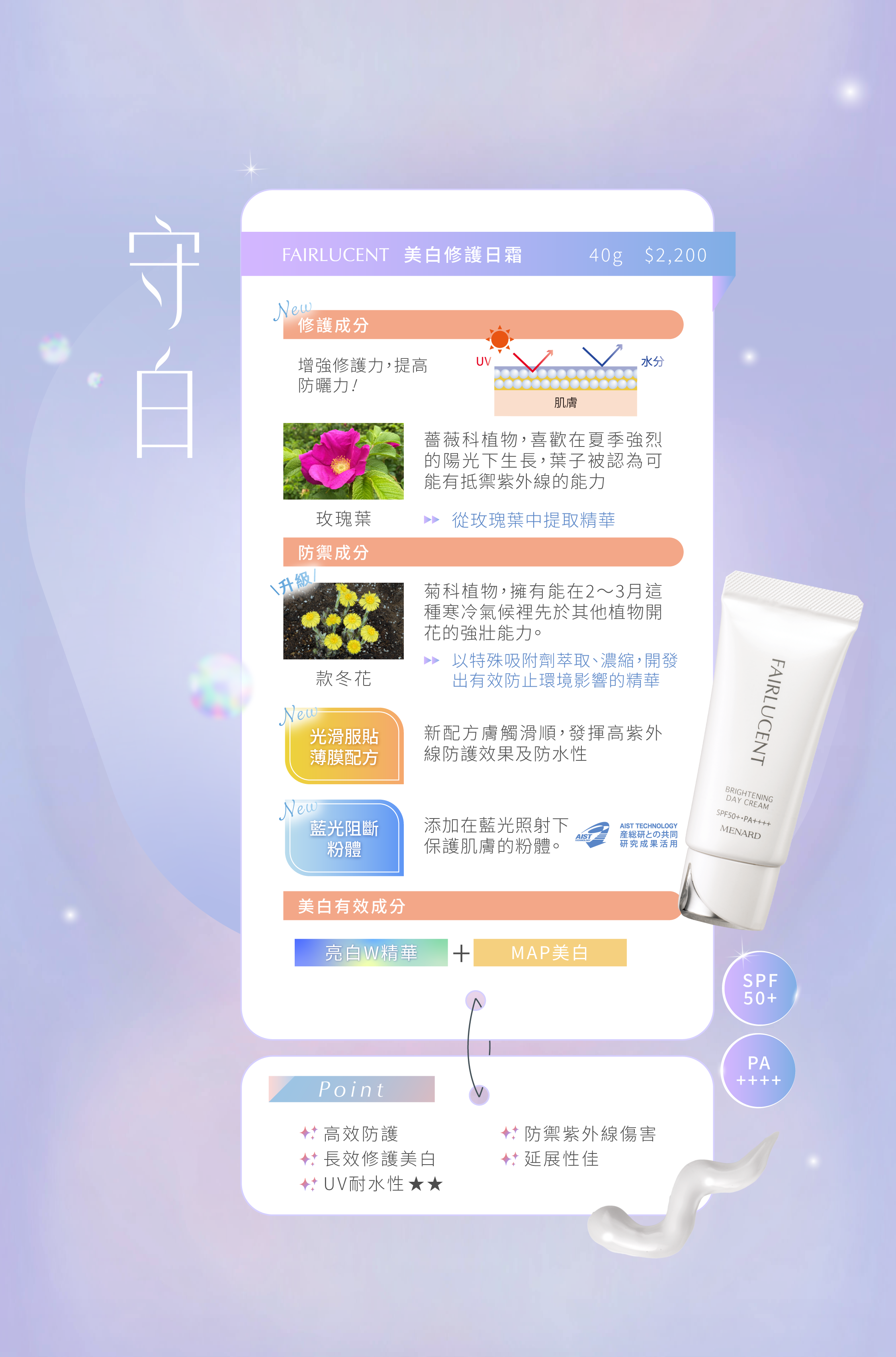 FAIRLUCENT-美白修護日霜-守白，高效防曬結合美白修護，阻擋紫外線傷害，強化肌膚屏障，預防色斑生成。