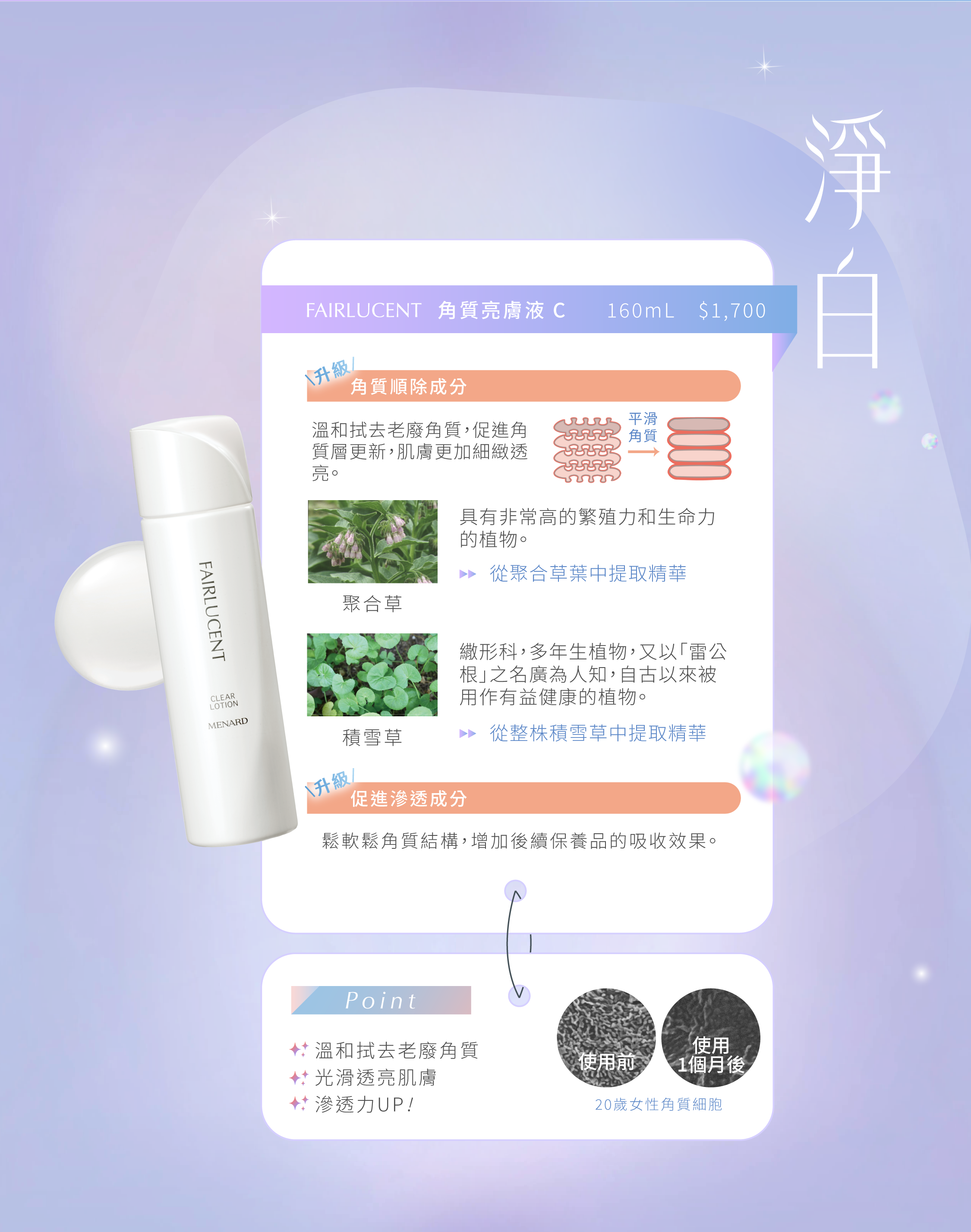 FAIRLUCENT-角質亮膚液C-淨白，溫和去除老廢角質，促進代謝，幫助後續保養吸收，讓肌膚細緻透亮。